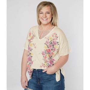 Lucky brand floral v neck yellow tee shirt